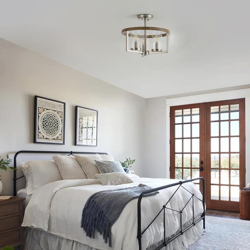 Farmhouse Semi Flush Mount Ceiling Light Rustic 3 Light Brushed Nickel Fixture with Clear Glass Shades