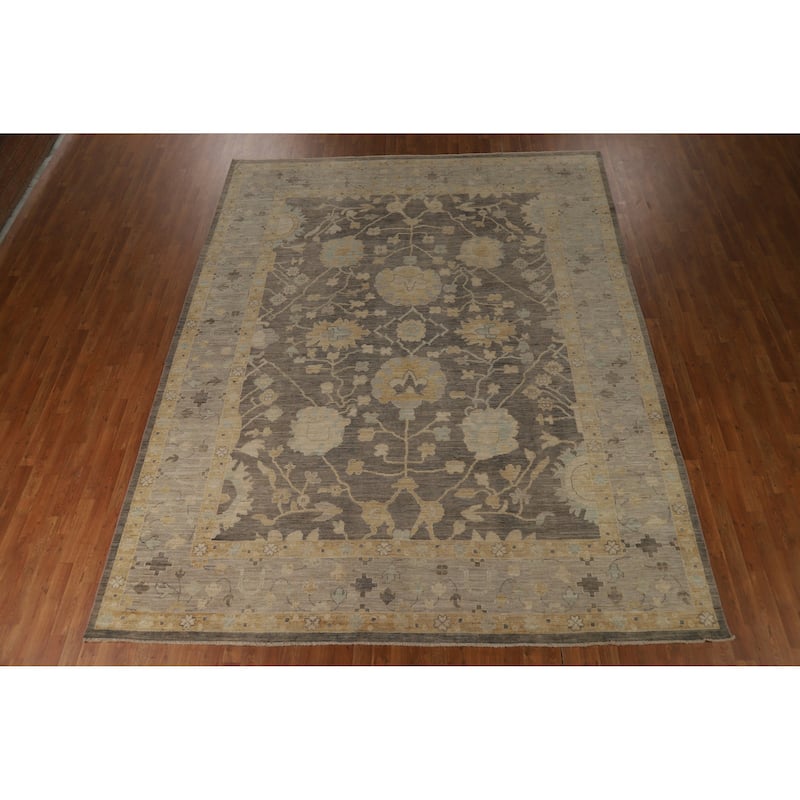 Hand Knotted Oriental 100% Wool Carpet Transitional All-Over Greys & Charcoal Oushak Area Rug - 12' 1'' X 9' 7''
