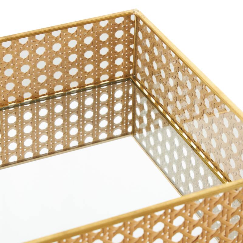 Brown Rattan Woven Living Room Decor Tray with Mirrored Glass Interior (Set of 2)