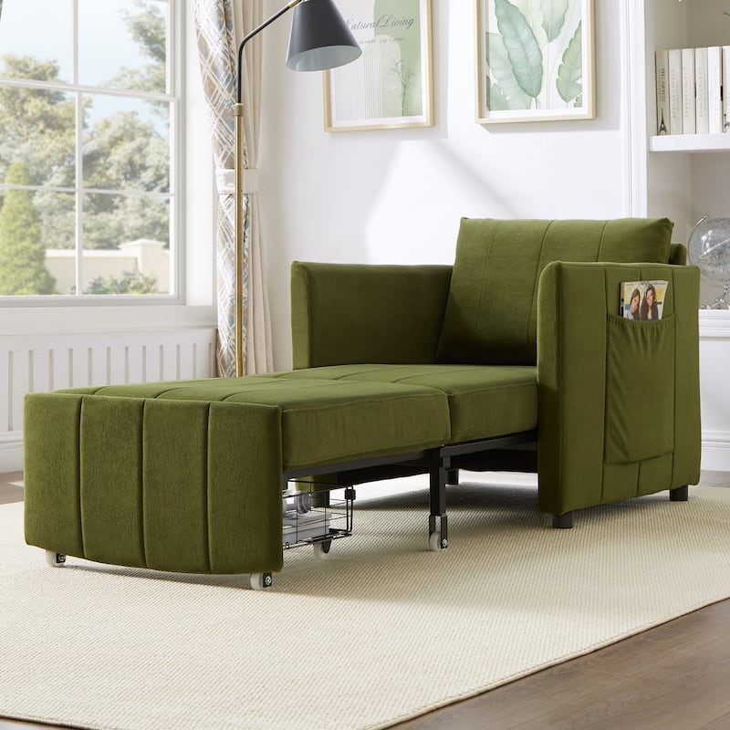 Roomfitters Convertible Sleeper Sofa with Pull-Out Bed 5-Position Adjustable Backrest Side Pockets & Storage Basket - Green
