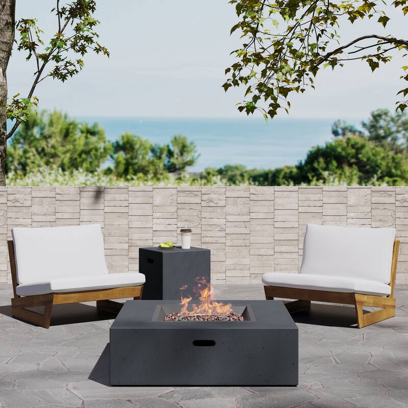 Sherwood Acacia Wood Outdoor Lounge Chairs and 50,000 BTU Square Propane Fire Pit by Christopher Knight Home - Teak/ White/ Dark Gray