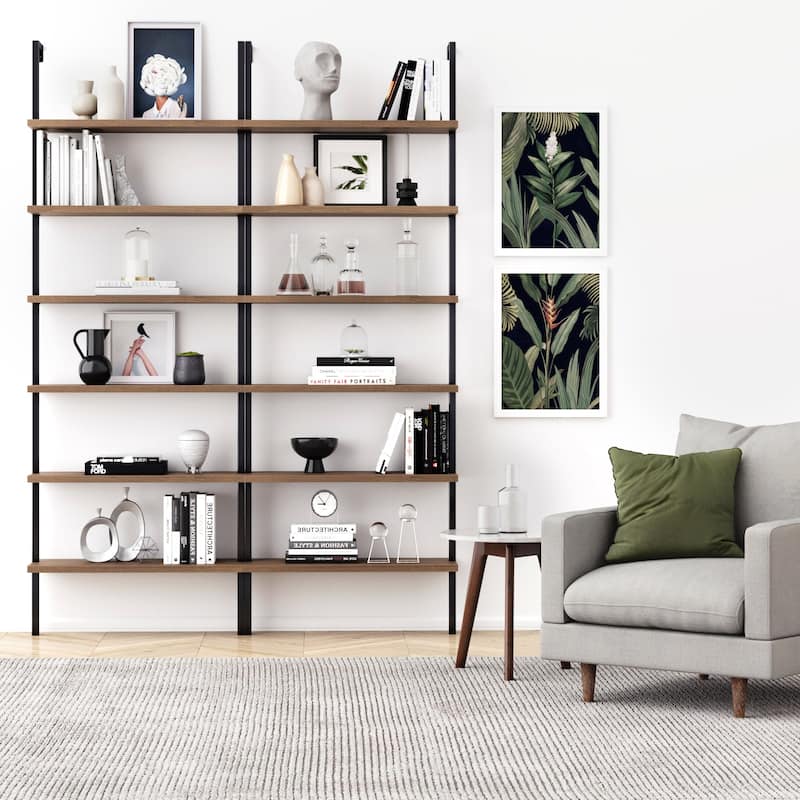 Nathan James Theo 6-Shelf Tall Bookcase, Wall Mount Bookshelf Wood with Metal Frame