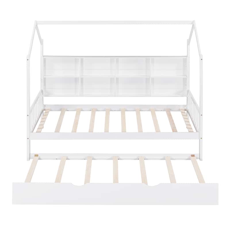 Pine House Bed with Trundle & Storage Shelf