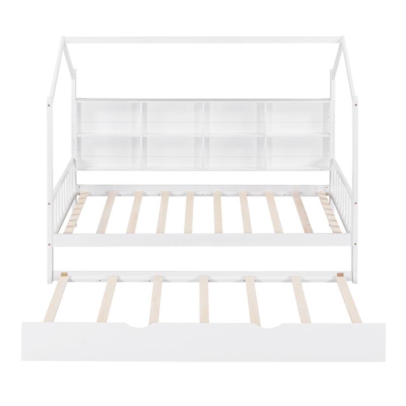 Wooden Twin Size House bed with Trundle, bed with Shelf, White