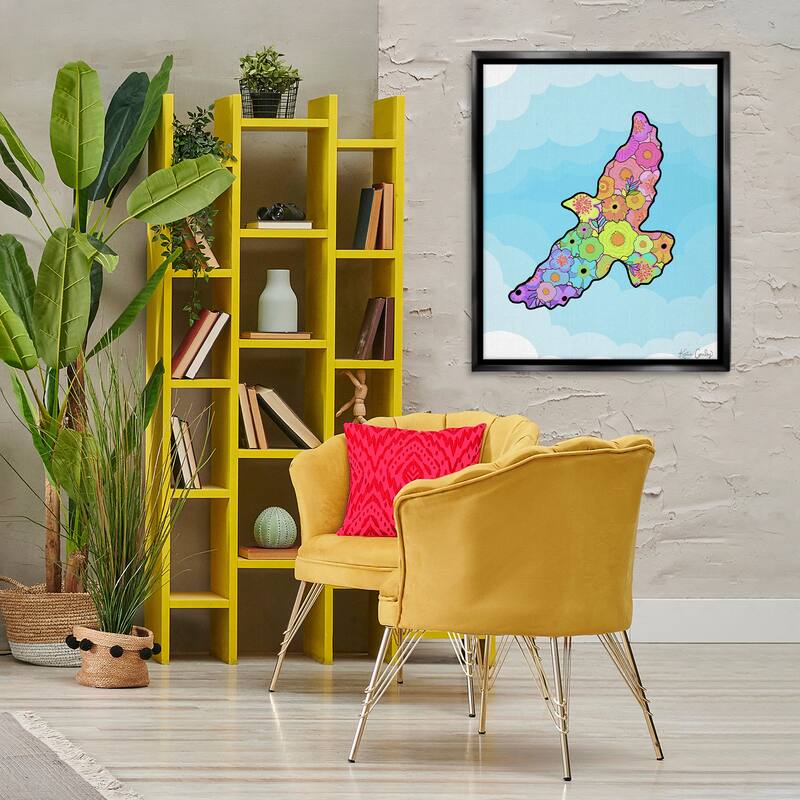 Stupell Bright Floral Bird Outline Framed Floater Canvas Wall Art Design By Katie Conley