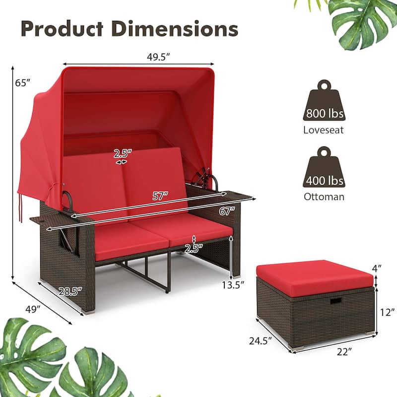 Gymax Rattan Daybed w/ Adjustable Backrests & Retractable Canopy for