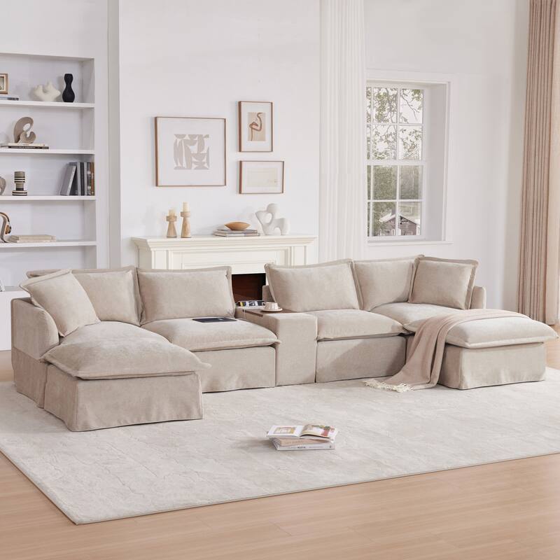 Roomfitters U-Shaped Sectional Sofa with Ottoman, Console and Cup Holder, Chenille 6-Seat Couch with USB Charger