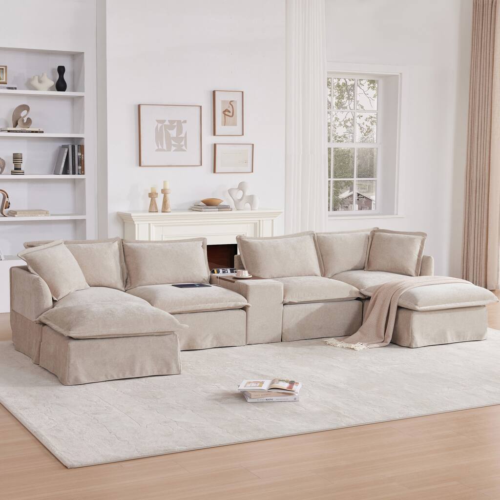 U Shaped Modular Sectional Sofa with Ottoman,Console,Cup Holder,USB