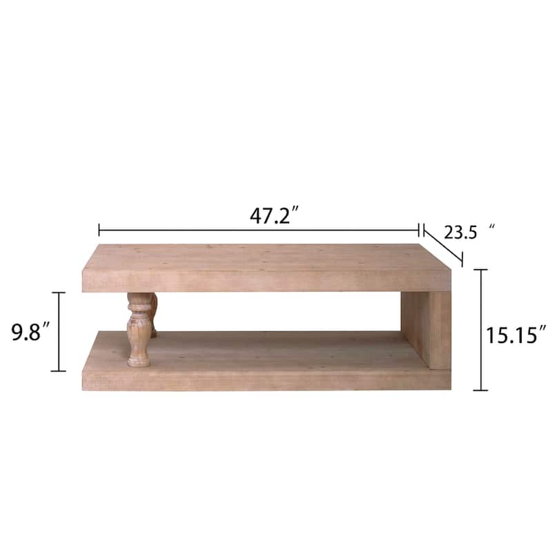 Roomfitters Rustic Coffee Table with Turned Legs, 47" Rectangular Center Table with Shelf, Engineered Wood, Natural