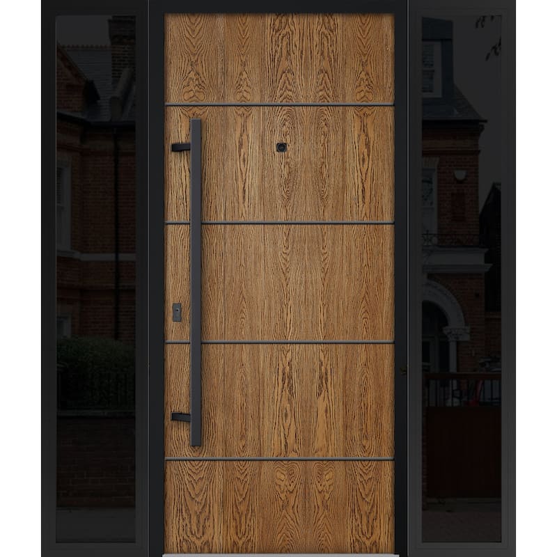 Exterior Prehung Steel Entry Door 0131 Black Enamel 2 Sidelites Top Window Stainless Steel Inserts W16+36+16xH80+16 - Beige - 60 x 80