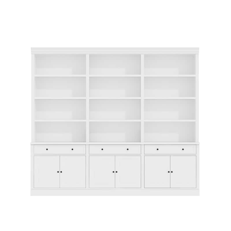 102.4" Large 6-Door Bookshelf w/Drawers Solid Pine Top Display Bookcase Bronze Handles White Storage Cabinet