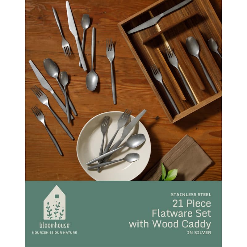 Bloomhouse 20 Piece Flatware 18/10 Stainless Steel Silverware Cutlery Utensil Set With Acacia Wood Caddy - Service for 4