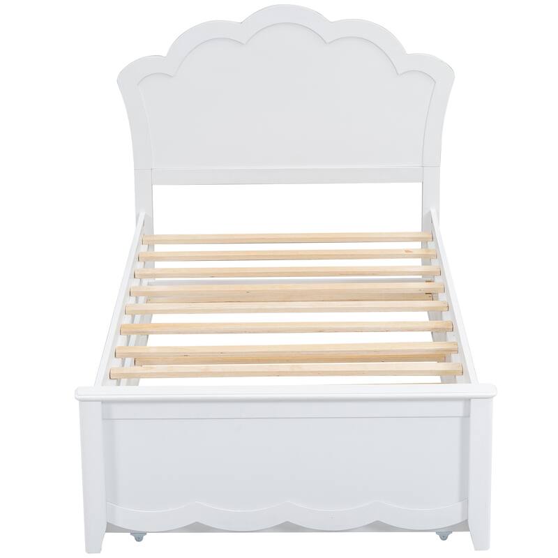 White Pine Wood Bed Frame, Twin Size Platform Bed w/Curved Headboard, Pull-out Trundle Bed for Bedroom, Apartment