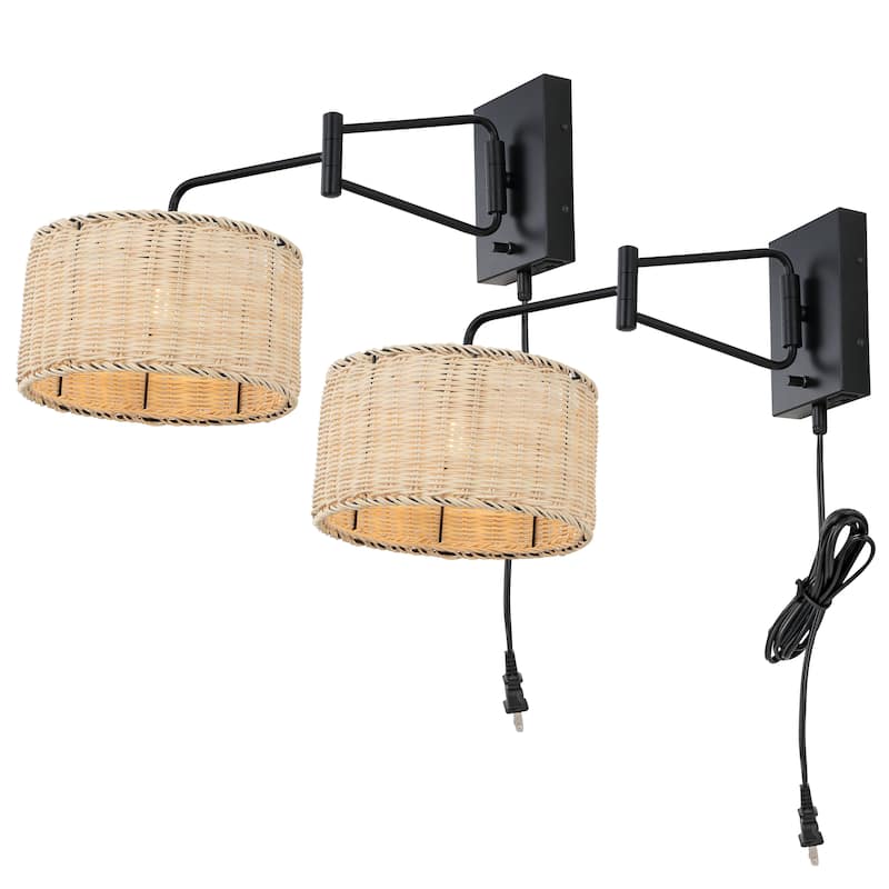 SAFAVIEH Lighting Bramley Wall Sconce (Set of 2) - Black/Natural Rattan - 10"W x 21"D x 12"H