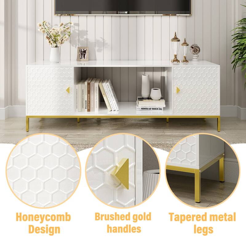 Modern Wood Media Console TV Stand for TVs up to 70", Entertainment Center Console with Cabinet Storage & Open Shelves