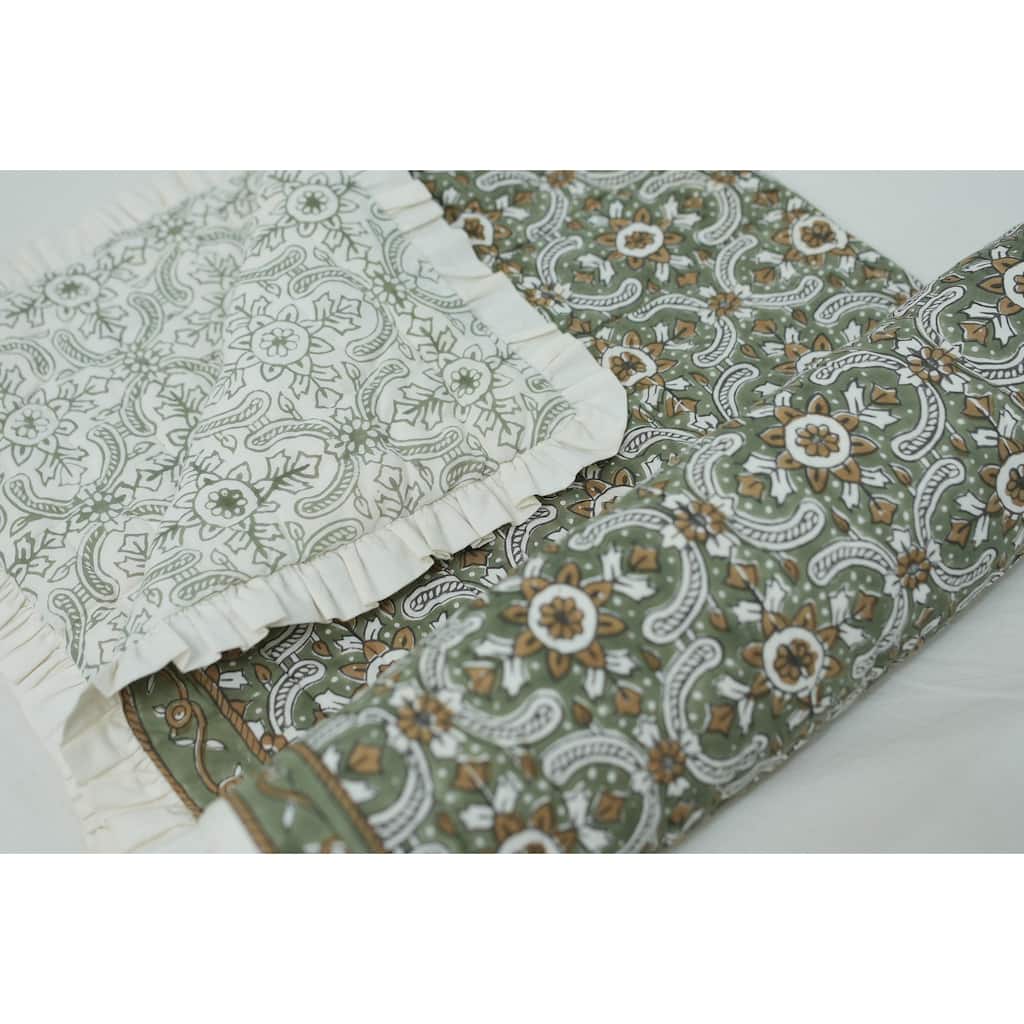 Fabdivine Luxury Hand Block Print Cotton Quilt Floral Boho Bedding for Bedroom & Sofa, Green White Handmade Reversible Bedspread