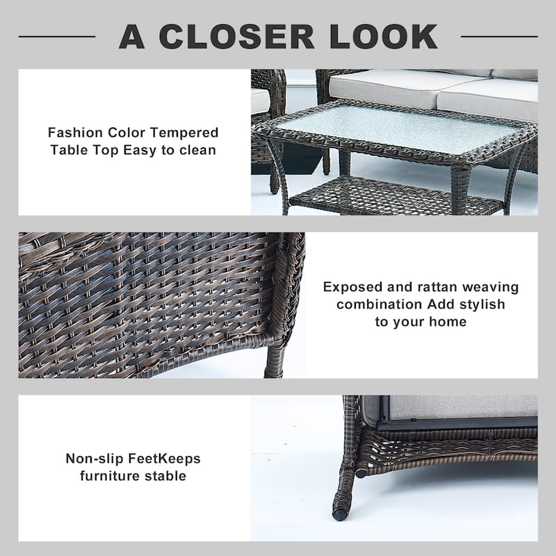 Wicker Love-seat Sofa Chair and Coffee Table Set - Brown