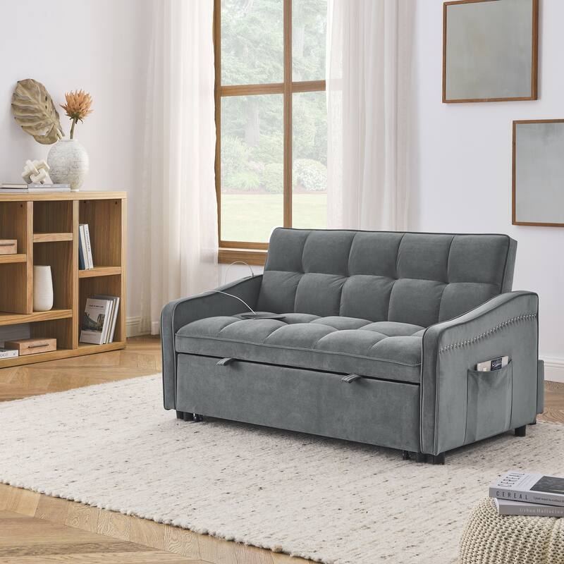 Loveseats Sofa Bed with Pull-out Bed,Adjsutable Back and Two Arm Pocket - Grey