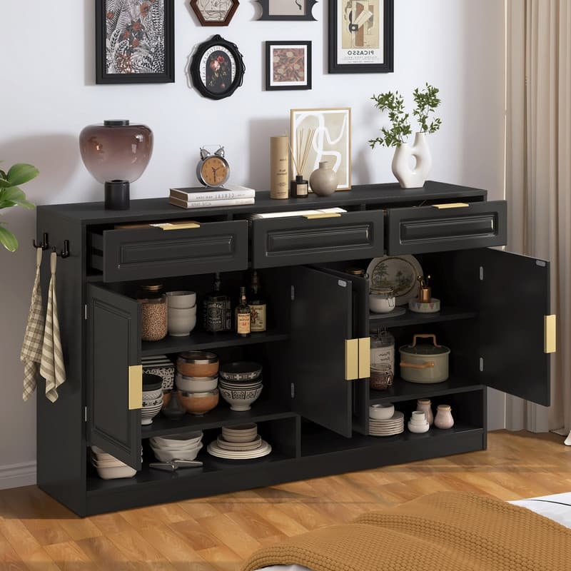 Farmhouse 59.1" Sideboard Cabinet with 3 Drawers and Open Shelf for Dining Room, Living Room, Entryway