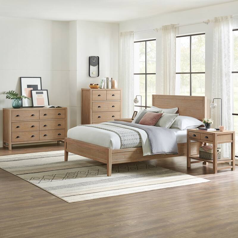 Arden 5-Piece Wood Bedroom Set with Queen Bed, Two 2- Nightstands with open shelf, 5-Drawer Chest, 6-Drawer Dresser - Light Driftwood - Queen - 5 Piece