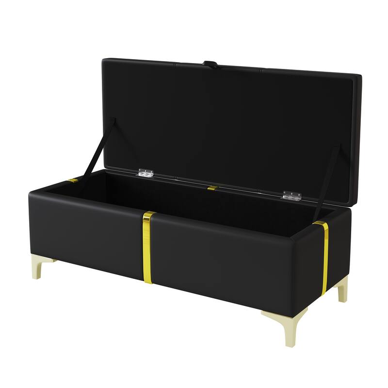 Elegant Upholstered Storage Ottoman Padded Bench with Metal Legs, Black Accent Bench Leather Vanity Bench