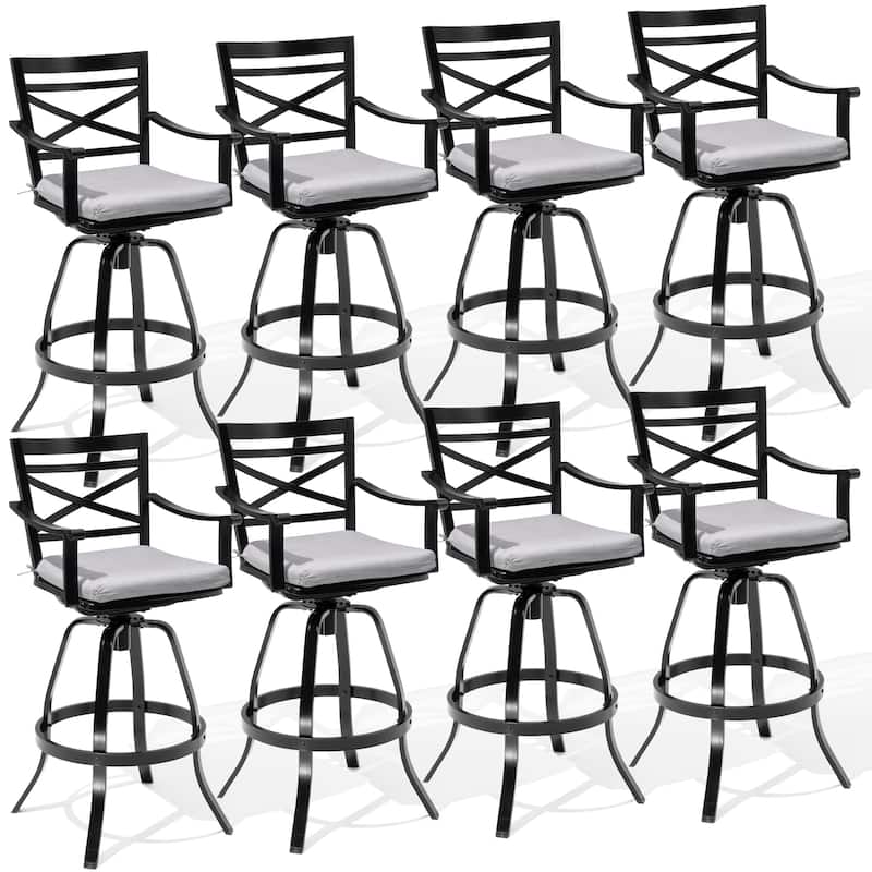 Outdoor Bar Stools Patio Cast Aluminum Swivel Barstools with Sunbrella Cushion - CAST SILVER - 8PC