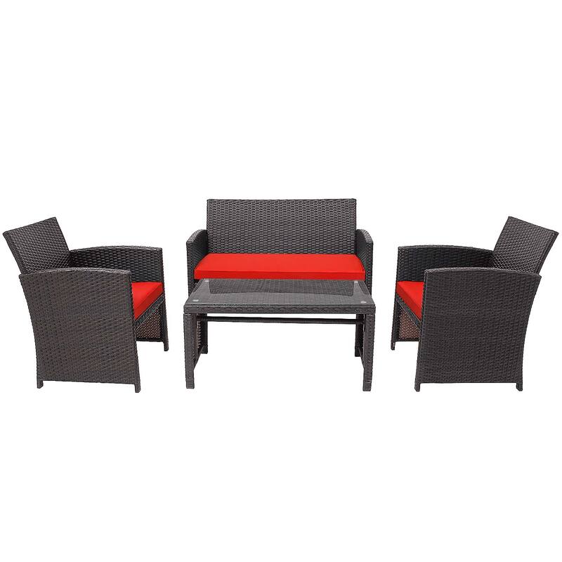 4 PCS Outdoor Rattan Furniture Set w/ Cushioned Chair & Coffee Table - Red