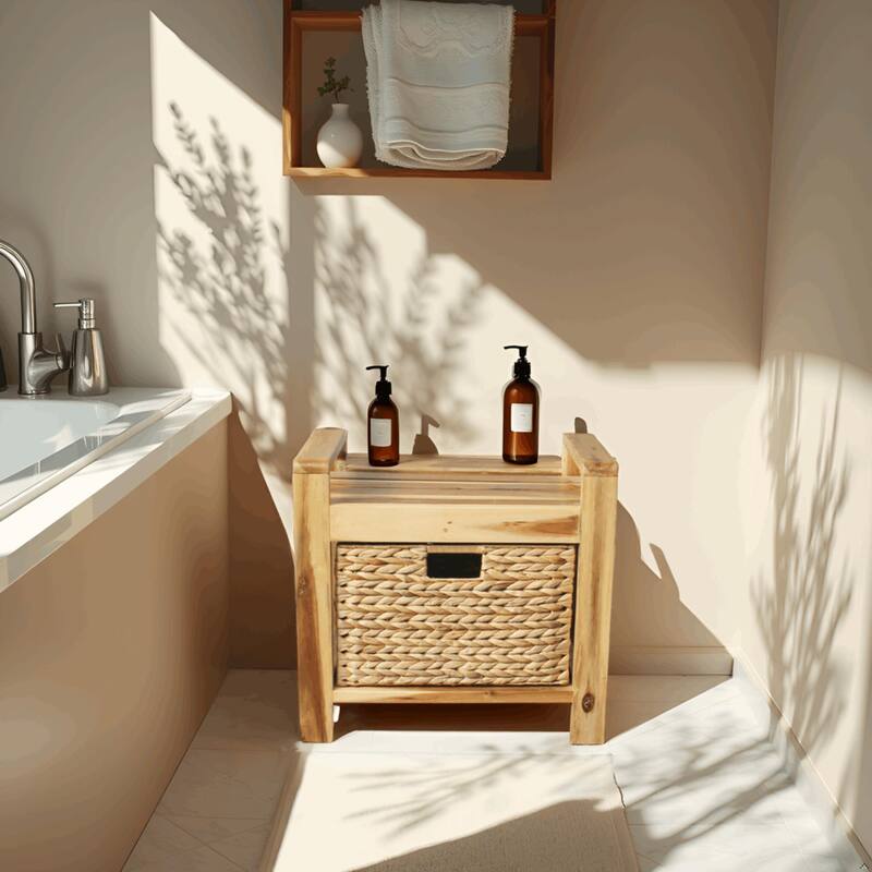 M4H Brae Solid Wood Natural Water Hyacinth Basket Storage Ottoman