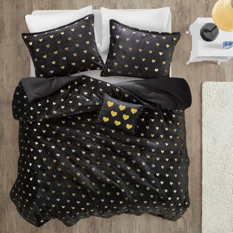 4 PCS Full/Queen Metallic Printed Plush Comforter Set with Throw Pillow Black/Gold