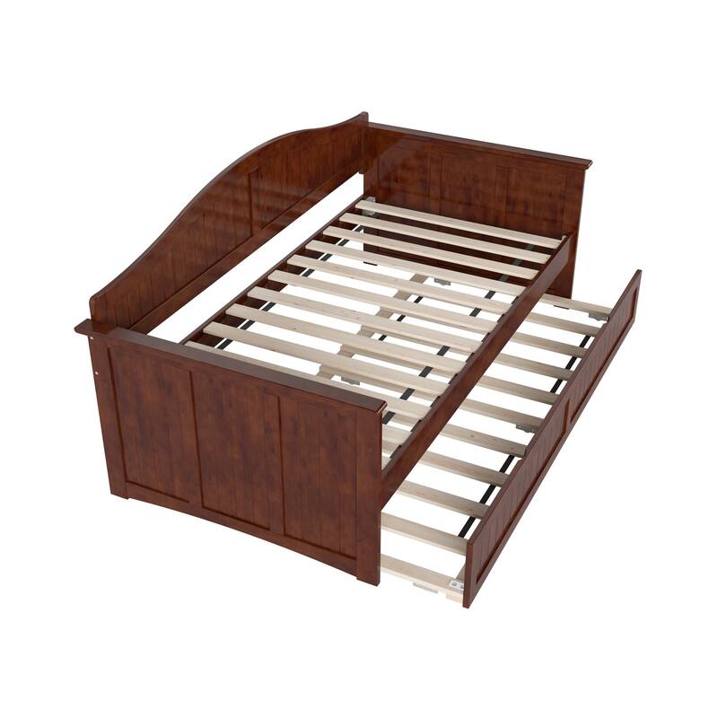 Twin Daybed with Trundle - Walnut Wood Frame & Beadboard Design - Space Saving Sleeper