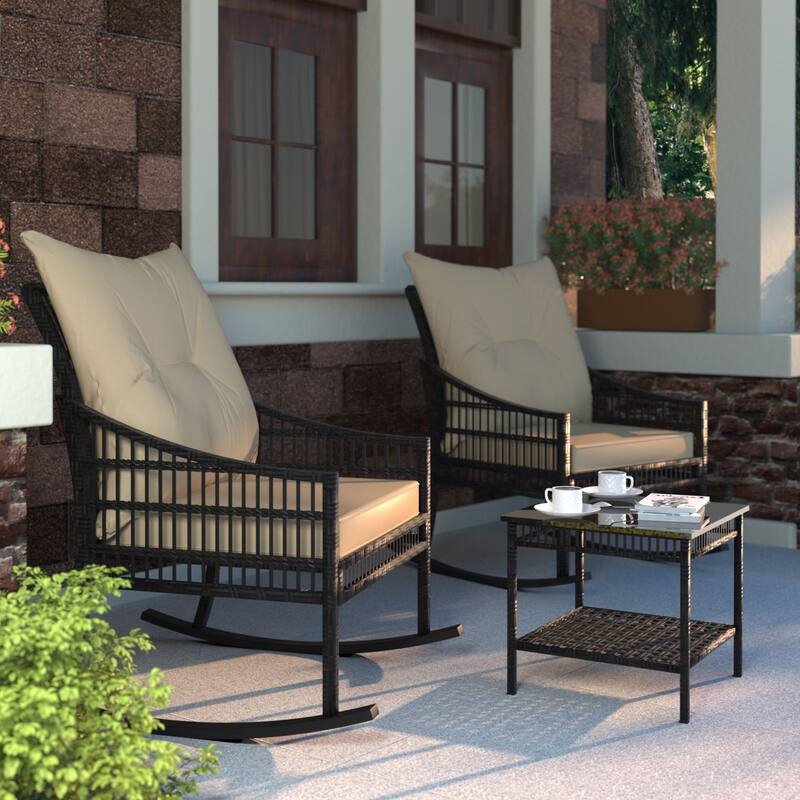 VEIKOUS 3-Piece Outdoor Wicker Patio Porch Rocking Chair and Rattan Coffee Table Set with Cushions and Pillows