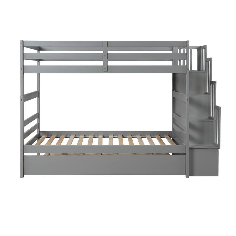 Twin over Twin Wooden Bunk Beds With Twin Trundle and Stairway Storage Function