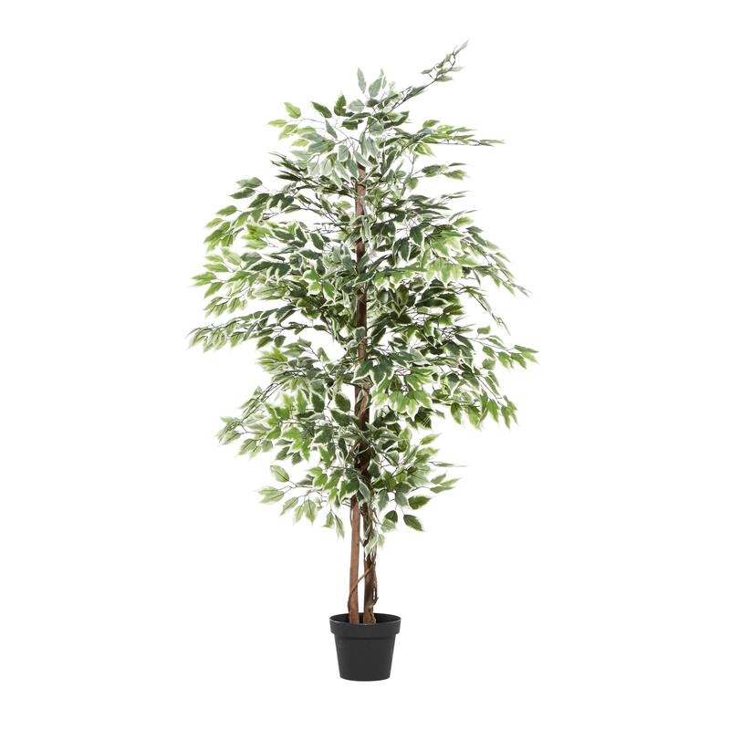 Green Faux Foliage Ficus Artificial Tree with Realistic Leaves and Black Plastic Pot