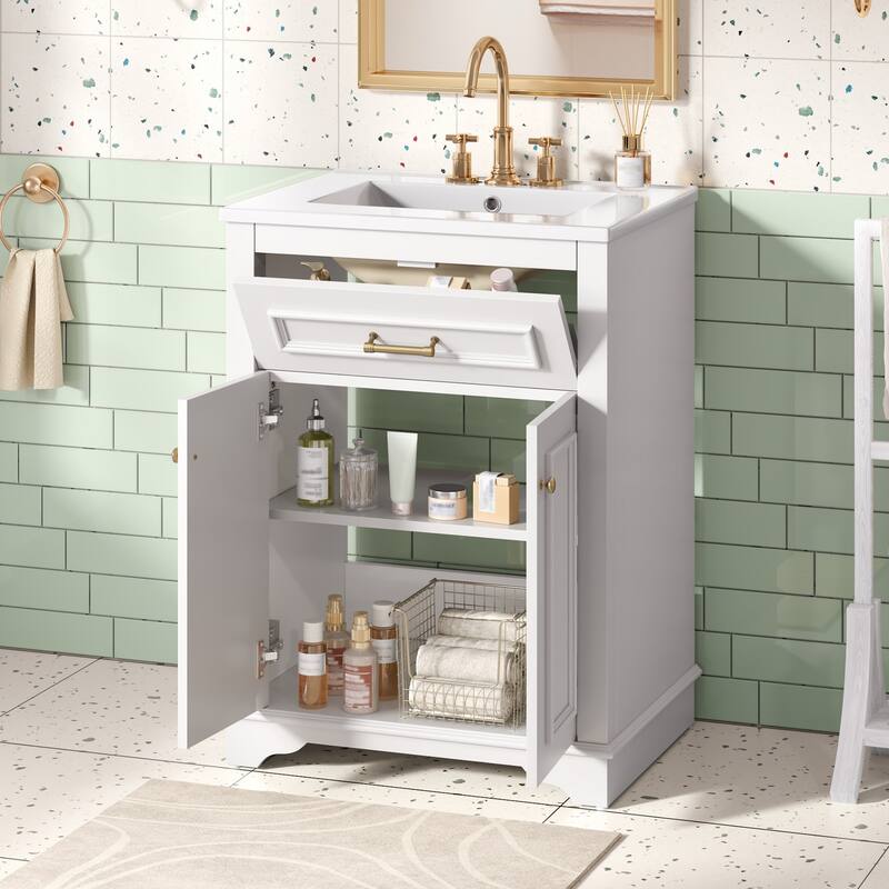 24" Bathroom Vanity with Integrated Ceramic Sink, Bathroom Cabinet with 2 Doors, 1 Tip-Out Drawer