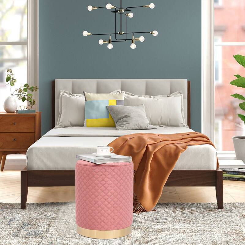 Adeco Width Round Velvet Ottoman Footstool with Gold Trim Soft Compact