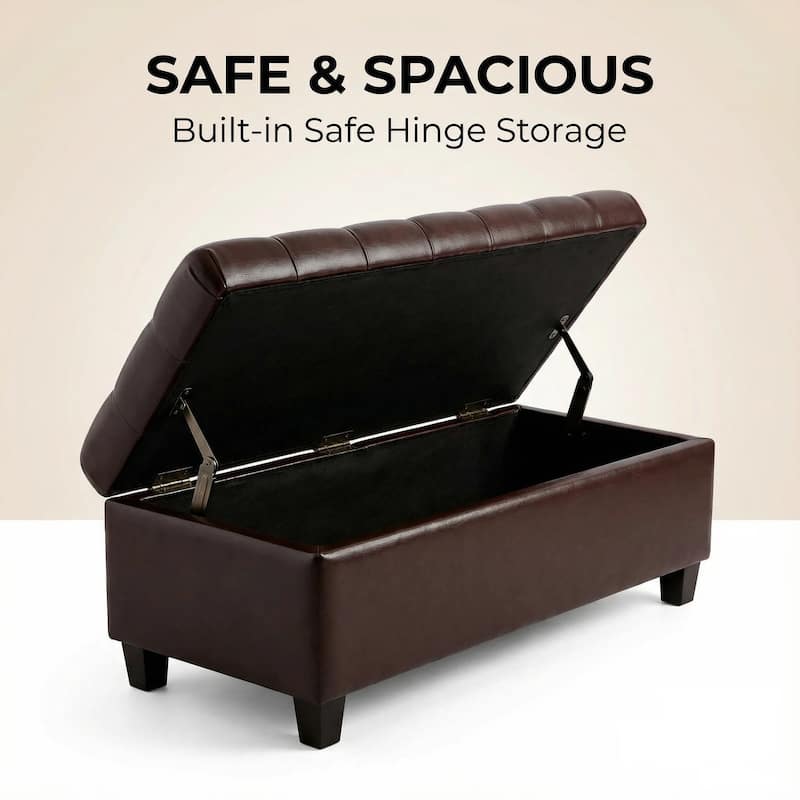 50.25" Brown PU Leather Storage Ottoman Bench with Safety Hinges