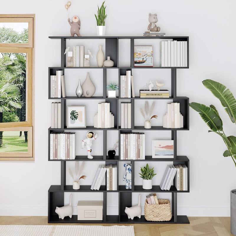 S-Shaped Bookshelf, Black Geometric Bookcase for Home & Office
