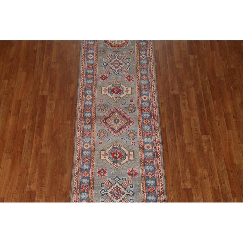 Traditional Geometric Kazak Oriental Grey Wool Runner Rug Hand-knotted - 2'8" x 9'9"