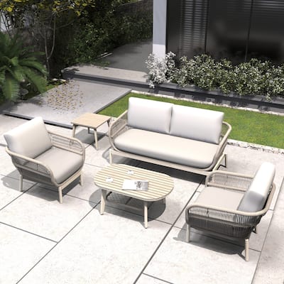 5-Piece Outdoor Acacia Wood Conversation Set with Oval Coffee Table