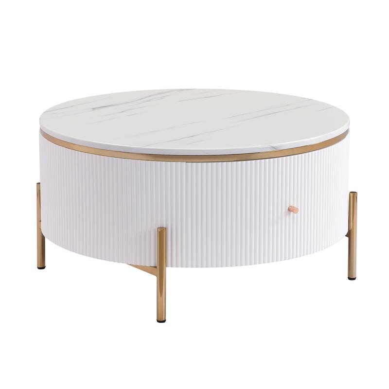 Roomfitters Modern Round Coffee Table with Storage, Gold Metal Legs, White Marble Top, 2 Hidden Compartments 31.5"
