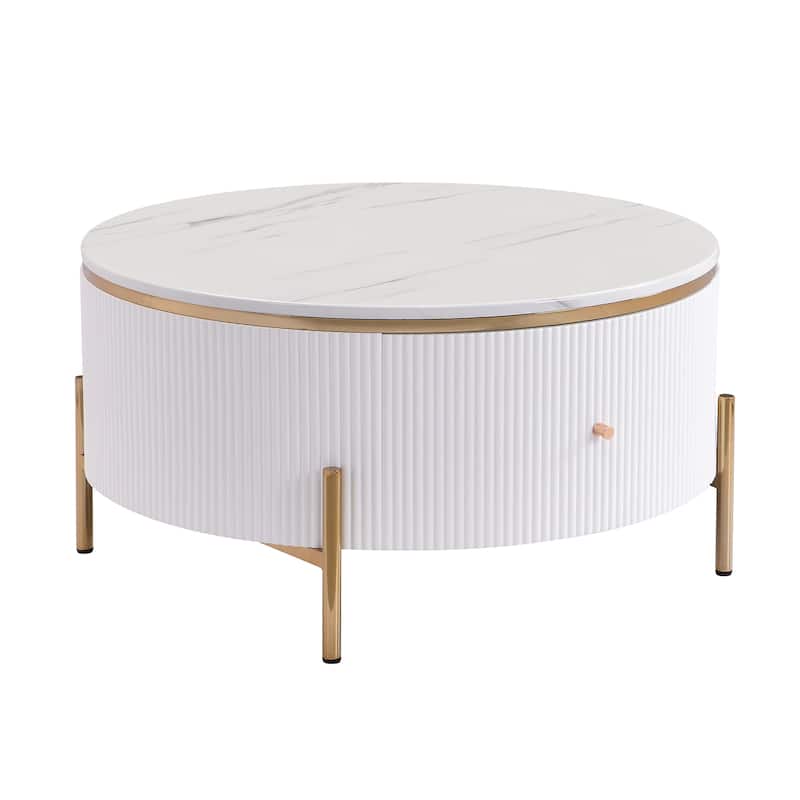 Wood Coffee Table with Storage Drawer, Modern Cocktail Table with Faux Marble Top for Living Room Small Space