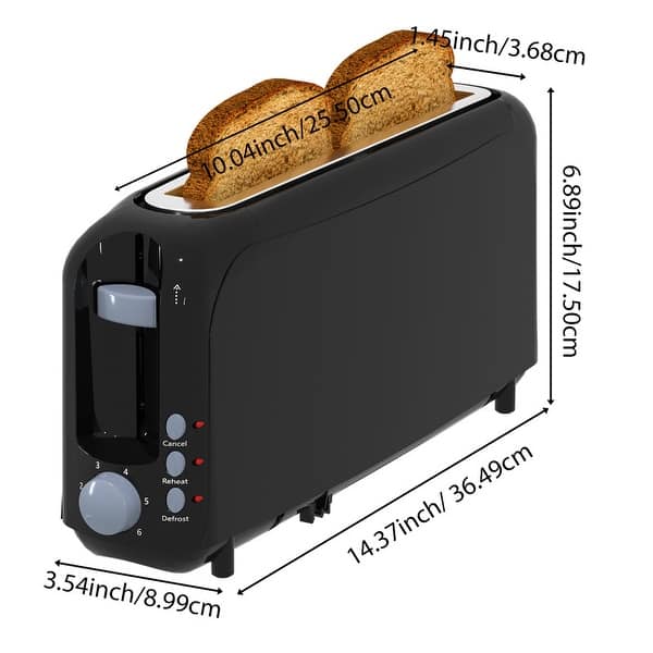 dimension image slide 1 of 6, 2-Slice Slim Toaster: 10" Slot, 6 Shades, Cancel/Reheat/Defrost, Removable Tray, Auto Shut-Off.