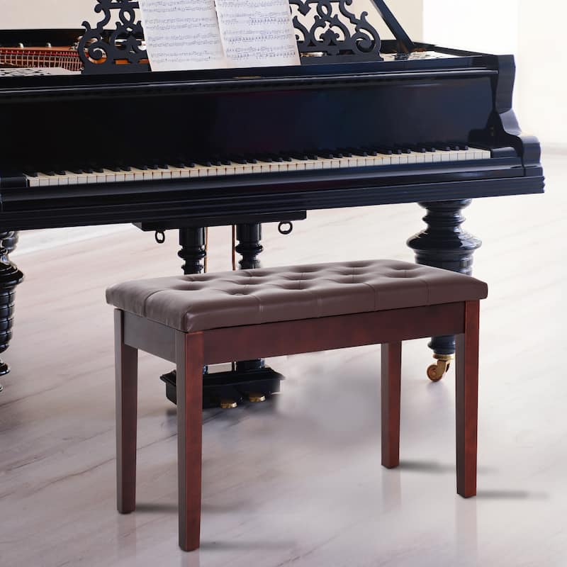 Piano Bench with Faux Leather Padded Cushion and Wooden Frame - Brown