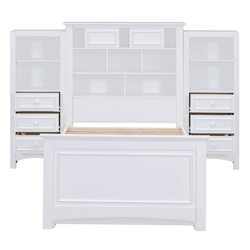 Space-Saving Twin Size Wood Platform Bed with Vertical All-in-One Cabinet and 4 Drawers on Each Side