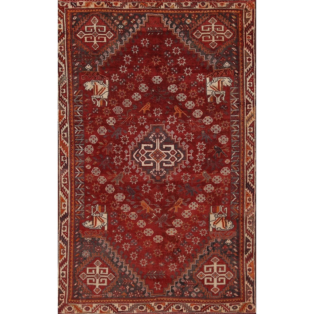 Animal Pictorial Shiraz Persian Vintage Area Rug Handmade Wool Carpet - 5'0"x 7'10"