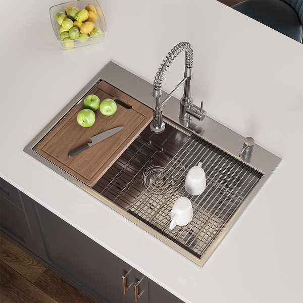 slide 2 of 10, HOROW 33" x 22'' Single Bowl Stainless Steel Kitchen Sink with Workstation and 2 Faucets Holes Silver