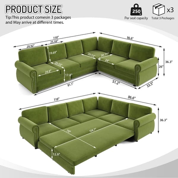 dimension image slide 0 of 13, Homy Casa Chenille Sleeper Sectional Sofa with Pull-Out Bed