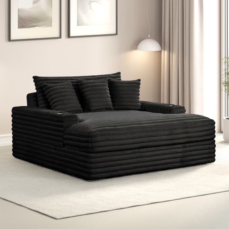 Furniture of America Venden Modern Chenille Padded 2-Seater Chaise Loveseat with USB Charger and Cup Holders - Black