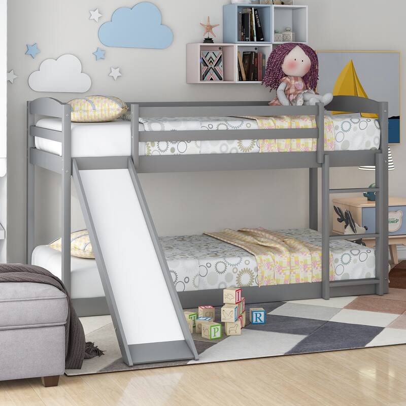 Convertible Twin Bunk Bed with Slide and Ladder, Gray