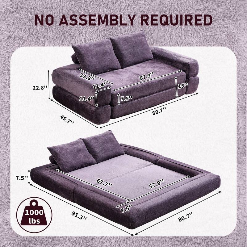 Modern Chenille Convertible Sofa Bed Queen Size Split Back Design